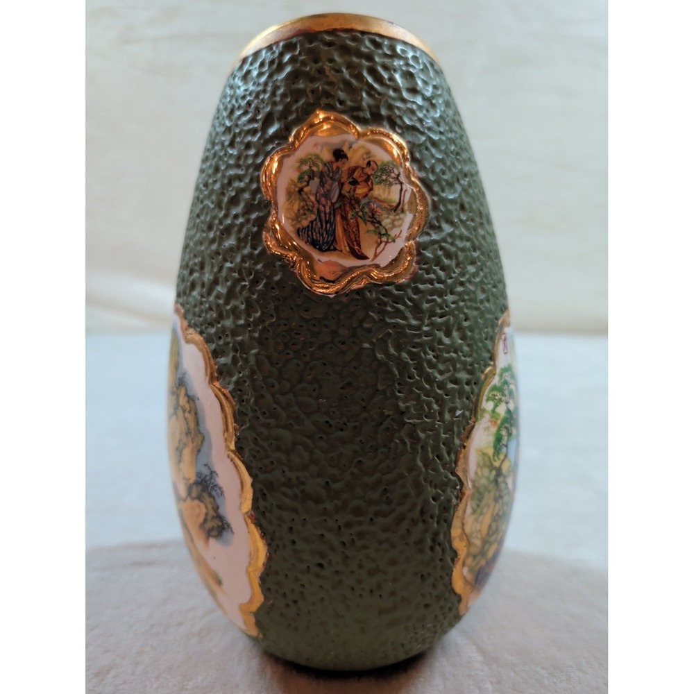 Vintage Japanese Satsuma Style Textured Green Lava Glaze Gilt Porcelain Vase - Picture 7 of 12
